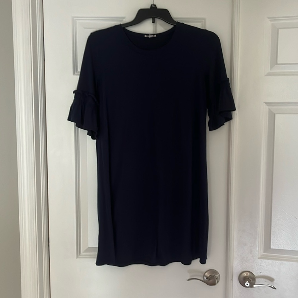 Blue summer midi dress with ruffle sleeve